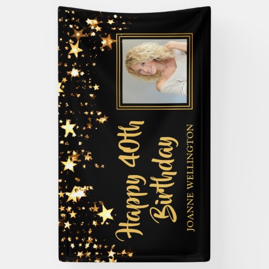 40歳の誕生日フォトブラック金ゴールド星パーソナライズされた 横断幕 (縦)