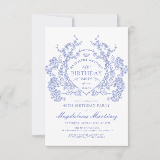 40歳の誕生日フランスのヴィンテージブルーフローラの紋章 招待状 (正面)
