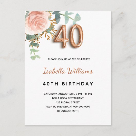 40歳の誕生日フローラバラ金ゴールドユーカリ インビテーションポストカード (正面)