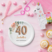 40歳の誕生日フローラバラ金ゴールドユーカリ・モノグラム ペーパープレート (パーティー)