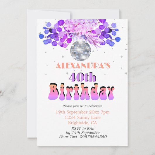 40歳の誕生日フローラパープルディスコボール 招待状 (正面)