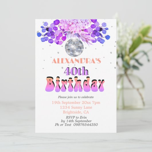 40歳の誕生日フローラパープルディスコボール 招待状 (スタンド正面)