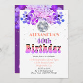 40歳の誕生日フローラパープルディスコボール 招待状 (正面/裏面)