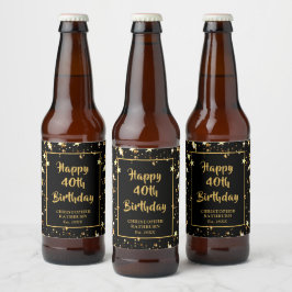 40歳の誕生日ブラシスクリプトブラック金ゴールドスター ビールラベル