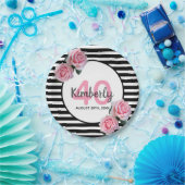 40歳の誕生日ブラックストライプ花模様クラシック ペーパープレート (パーティー)