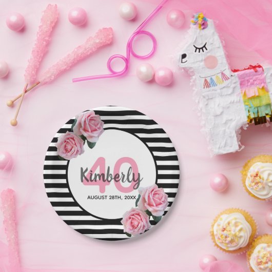40歳の誕生日ブラックストライプ花模様クラシック ペーパープレート (パーティー)