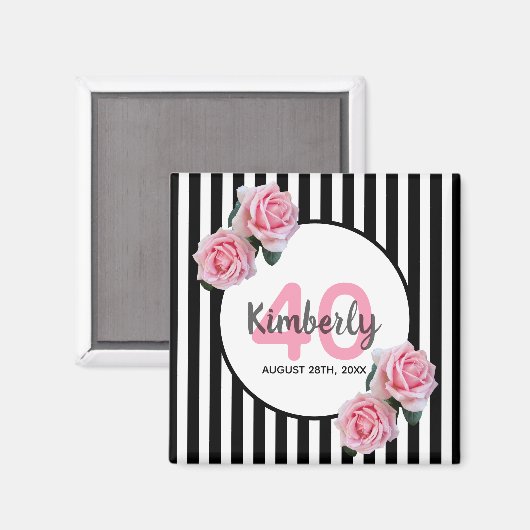 40歳の誕生日ブラックストライプ花模様クラシック マグネット (正面/裏面)