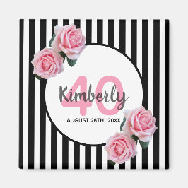 40歳の誕生日ブラックストライプ花模様クラシック マグネット