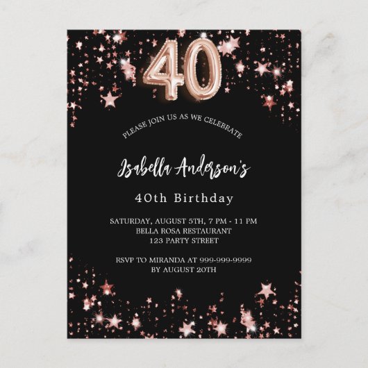 40歳の誕生日ブラックバラ金ゴールド星 インビテーションポストカード (正面)