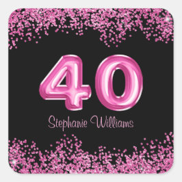 40歳の誕生日ブラックピンクバルーン |フェイクグリッター スクエアシール