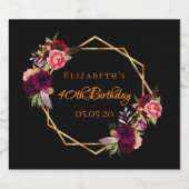 40歳の誕生日ブラックフローラ金ゴールド幾何学模様 スパークリングワインラベル (シングルラベル)