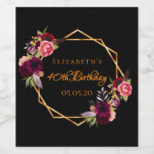 40歳の誕生日ブラックフローラ金ゴールド幾何学模様 ワインラベル (シングルラベル)