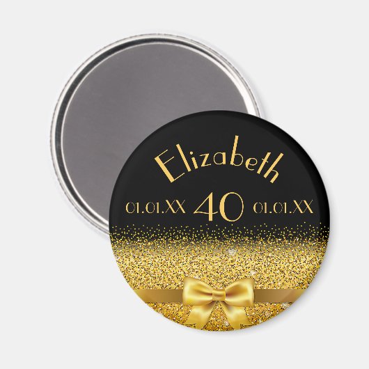 40歳の誕生日ブラック金ゴールドエレガントボウ マグネット (正面/裏面)