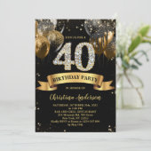 40歳の誕生日ブラック金ゴールドグリッターバルーン 招待状 (スタンド正面)