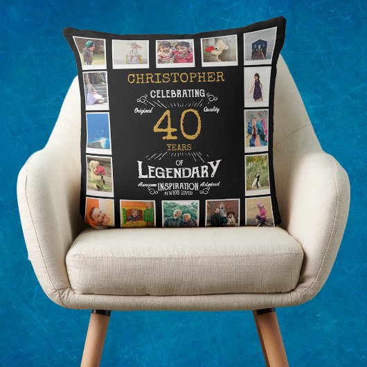 40歳の誕生日ブラック金ゴールドフォトコラージュ クッション