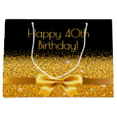 40歳の誕生日ブラック金ゴールドボウ名 ラージペーパーバッグ (正面)