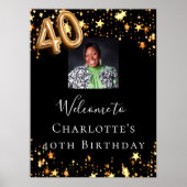 40歳の誕生日ブラック金ゴールド星写真歓迎 ポスター (正面)