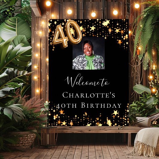 40歳の誕生日ブラック金ゴールド星写真歓迎 ポスター