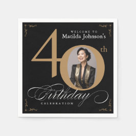 40歳の誕生日ブラック金ゴールド書道カスタム写真 スタンダードカクテルナプキン