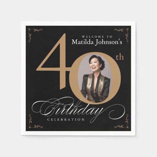 40歳の誕生日ブラック金ゴールド書道カスタム写真 スタンダードカクテルナプキン (正面)