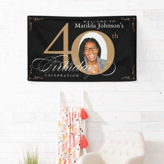 40歳の誕生日ブラック金ゴールド書道カスタム写真 横断幕 (インサイチュ)