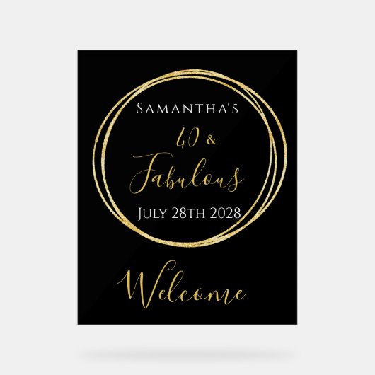 40歳の誕生日ブラック金ゴールド誕生日パーティーへようこそ アクリルサイン (正面)