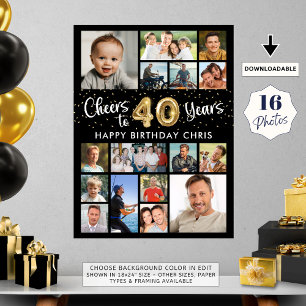 40歳の誕生日ブラック金ゴールド16歳までの写真応援 ポスター