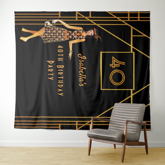 40歳の誕生日ブラック金ゴールド1920年代のアートデコ タペストリー (インサイチュ(横))