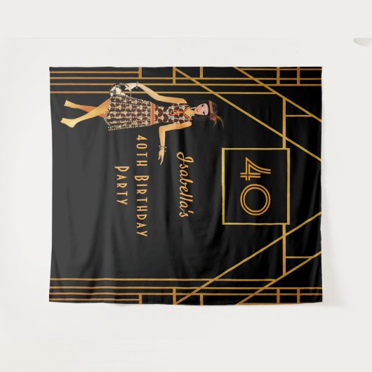 40歳の誕生日ブラック金ゴールド1920年代のアートデコ タペストリー (正面(横))