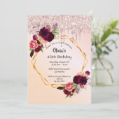 40歳の誕生日ブルゴーニュ花模様バラ金ゴールドグリッター 招待状 (スタンド正面)