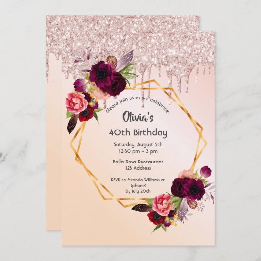 40歳の誕生日ブルゴーニュ花模様バラ金ゴールドグリッター 招待状 (正面/裏面)