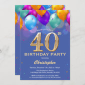 40歳の誕生日ブルーと金ゴールドバルーンカラフル 招待状 (正面/裏面)
