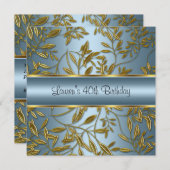 40歳の誕生日ブルーエレガント金ゴールドフローラ 招待状 (正面/裏面)