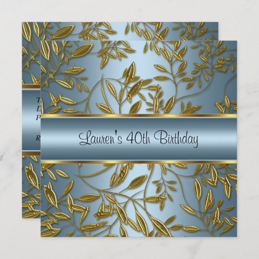 40歳の誕生日ブルーエレガント金ゴールドフローラ 招待状 (正面/裏面)