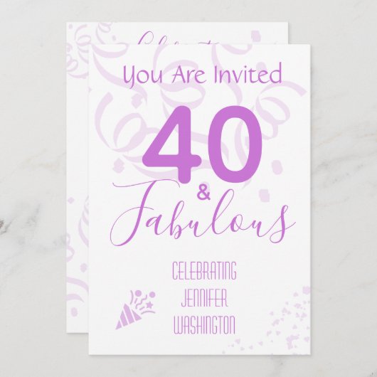 40歳の誕生日ホットピンク紙吹雪誕生会 招待状 (正面/裏面)