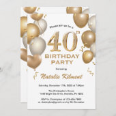 40歳の誕生日ホワイトバルーンと金ゴールドグリッターバルーン 招待状 (正面/裏面)
