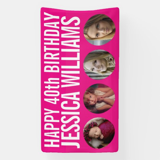 40歳の誕生日ホワイトピンク4枚の写真サークル 横断幕 (縦)