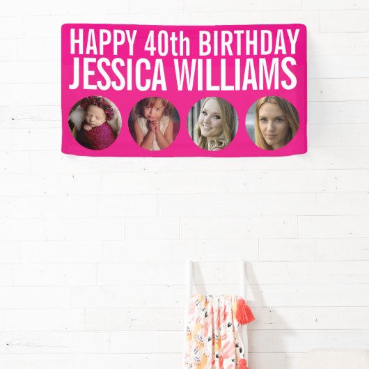 40歳の誕生日ホワイトピンク4枚の写真サークル 横断幕 (インサイチュ)