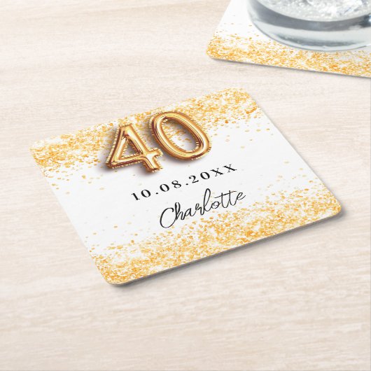 40歳の誕生日ホワイト金ゴールドグリッター名 スクエアペーパーコースター (アングル)