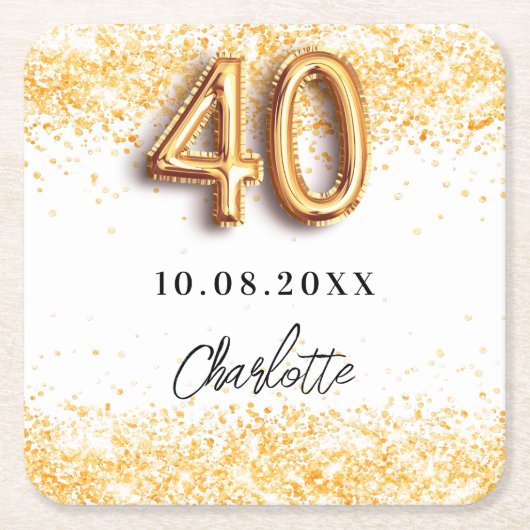 40歳の誕生日ホワイト金ゴールドグリッター名 スクエアペーパーコースター (正面)
