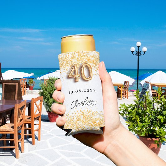 40歳の誕生日ホワイト金ゴールドグリッター名 スリム缶クーラー