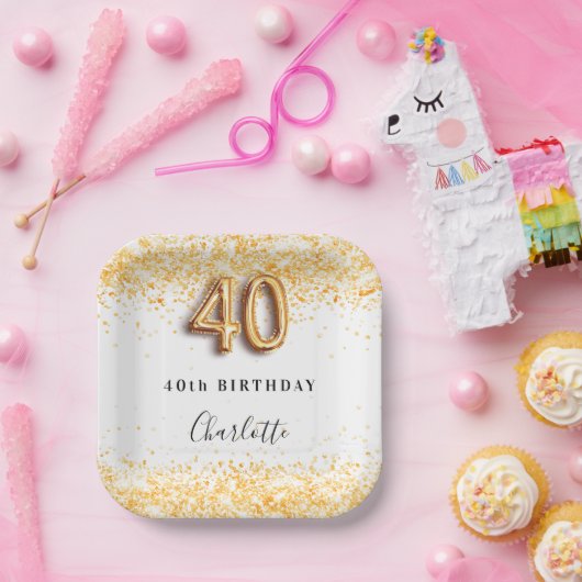 40歳の誕生日ホワイト金ゴールドグリッター名 ペーパープレート (パーティー)