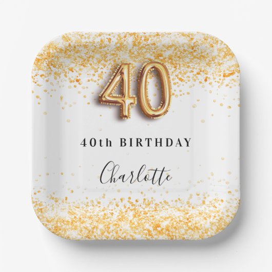 40歳の誕生日ホワイト金ゴールドグリッター名 ペーパープレート (正面)