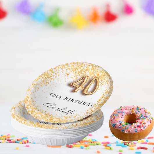 40歳の誕生日ホワイト金ゴールドグリッター名 ペーパーボウル