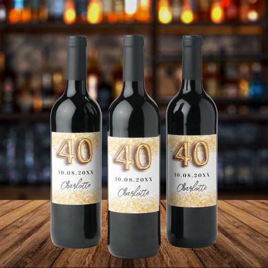 40歳の誕生日ホワイト金ゴールドグリッター名 ワインラベル