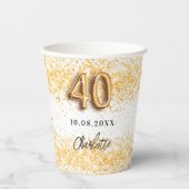 40歳の誕生日ホワイト金ゴールドグリッター名 紙コップ (正面)