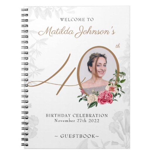 40歳の誕生日ホワイト金ゴールドゲストブックフローラ写真 ノートブック (正面)