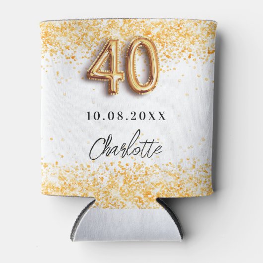 40歳の誕生日ホワイト金ゴールド紙吹雪 缶クーラー (正面)