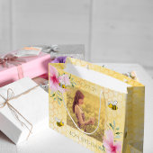 40歳の誕生日ミツバチのハニカムピンクの花模様写真 ラージペーパーバッグ