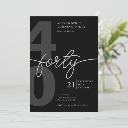 40歳の誕生日ミニマルモダンリストブラックグレー 招待状 (スタンド正面)